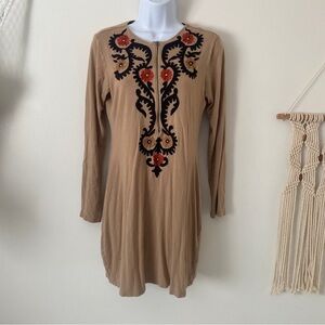 Vintage Ritu Kumar Tan Long Sleeve Boho Dress Red & Black Embroidered Size 4